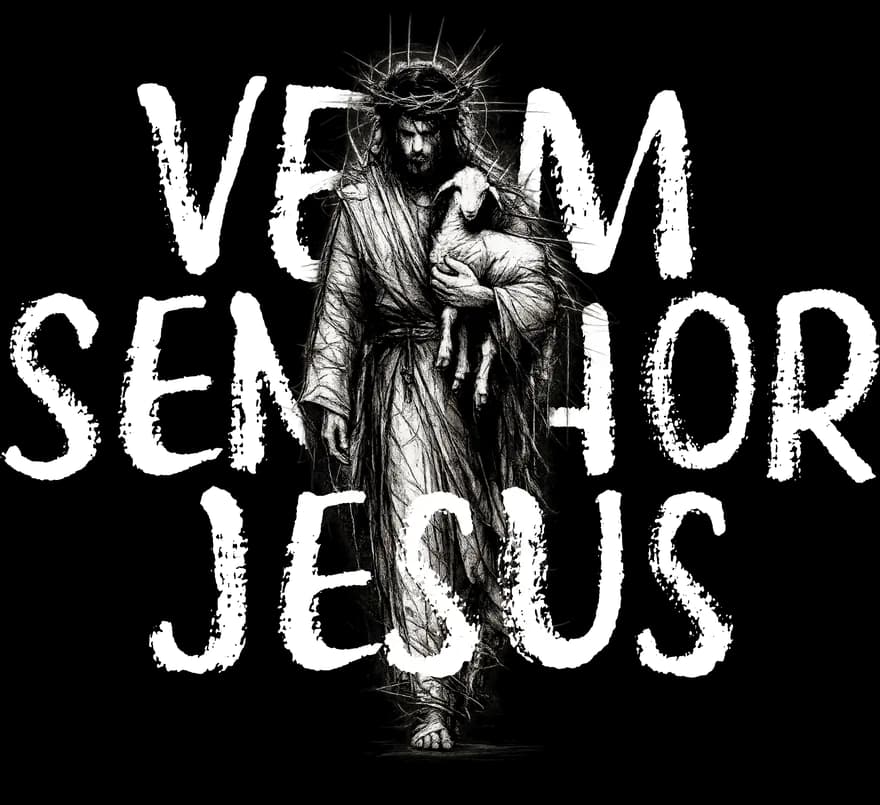Desenho a carvão de Jesus caminhando com um cordeiro no colo, sobre as palavras Vem, Senhor Jesus.